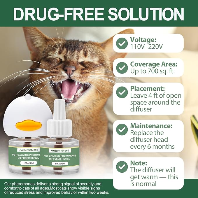 Cat Calming Pheromone Diffuser Set, 2 Diffusers + 4 Refills, 120 Days | Reduces Cat Stress, Aggression, Fighting, Marking, Meowing, Travel, Vet Visit Anxiety, Non-Toxic, Safe