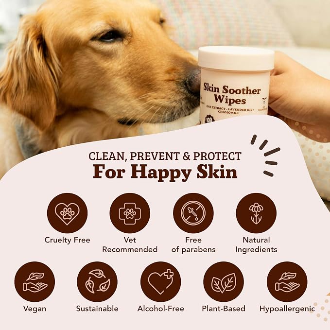 Natural Dog Company Skin Soother Wipes, 100 Count, Pet Wipes for Dogs, Hypoallergenic Formula, Dog Moisturizer for Dry Skin, Grooming, Pet Itch Relief for Dogs