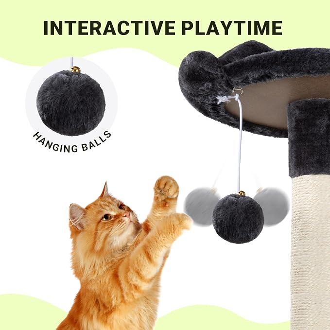 Allewie 64 Inches Multi-Level Cat Tree Tower for Indoor Cats, Dark Grey | Activity Center for Big Felines, 2 Plush Condos, 2 Perches, Cozy Basket, House, Sisal Scratching Posts, Hanging Cat Toys