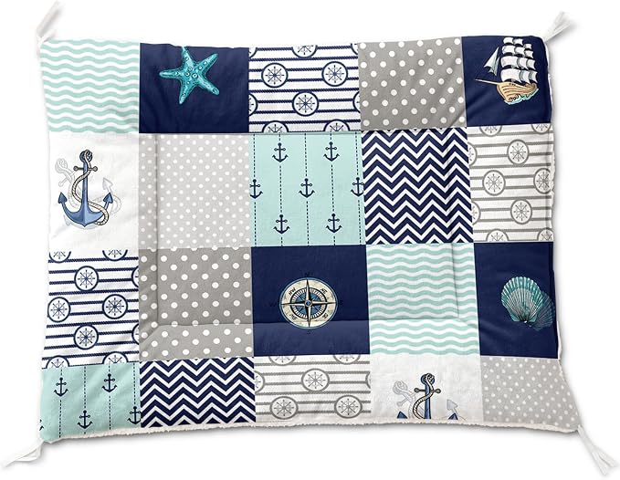 HOSIMA 38L*32W Inch Nautical Print Pet Mat for Under Dog Crate,Plaid Patchwork Ocean Themed Fuzzy Washable Pet Crate Pad,Plush Soft Cozy Pad Suitable for Medium Dogs Sleeping.