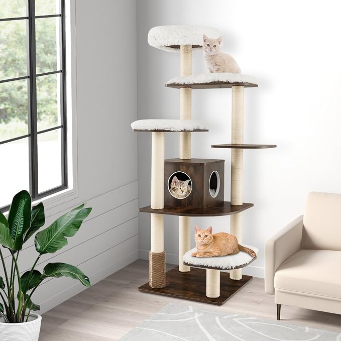 Tall Cat Tree for Indoor Cats, 71 Inches Multi-Level Modern Cat Tower with Plush Perch, Cozy Condo, Platforms, Sisal Scratching Posts, EVA Massage Comb & Removable Cushions (Brown)