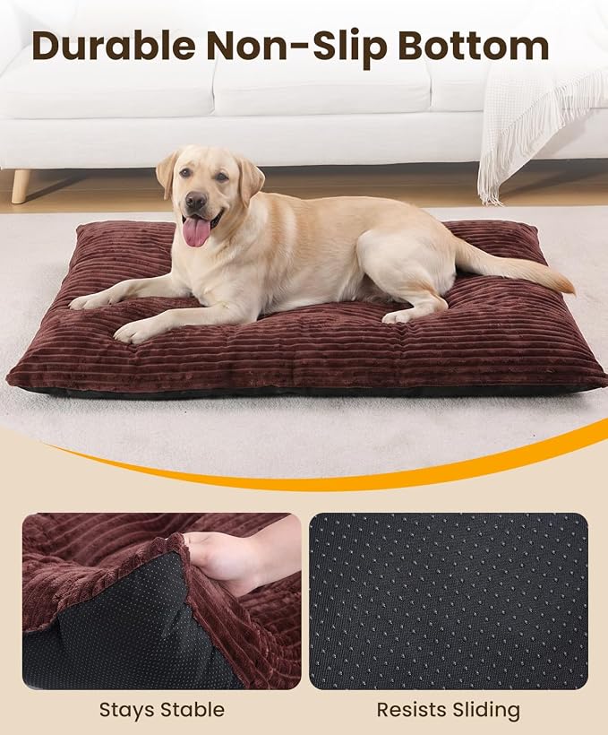 KSIIA Washable Dog Crate Bed Kennel Mat for Large Dogs, 48 x 29 Inch, Brown | 3in thick soft PP filling,Elastic rebound,300gsm shed-proof flannel,Soft skin-friendly,Anti-slip bottom,Machine washable