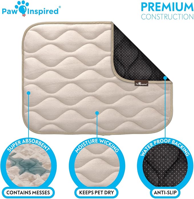 Paw Inspired Washable Padded Crate Mats for Dogs | 23” x 17” Pad, Fits 24-inch Kennels | Leakproof, Waterproof Bottom, Plush Pet Beds (Tan)