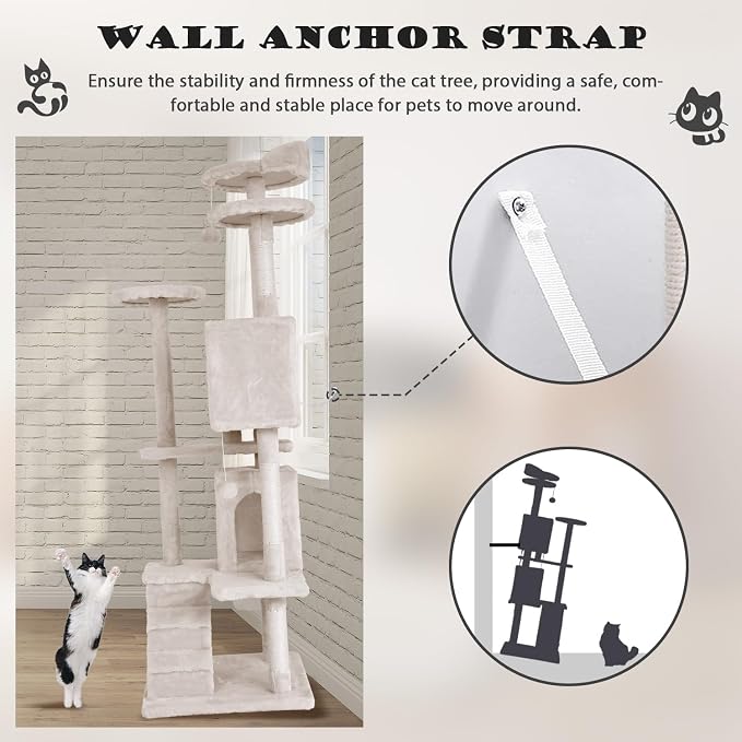 Heavy Duty Cat Tree Tower, 70" Tall Cat Tower for Indoor Cats with Cat Scratching Post with Bed, Cat Condo, Hanging Ball, Multi-Level Cat Climbing Tower Cat Trees Furniture Activity Center, Beige