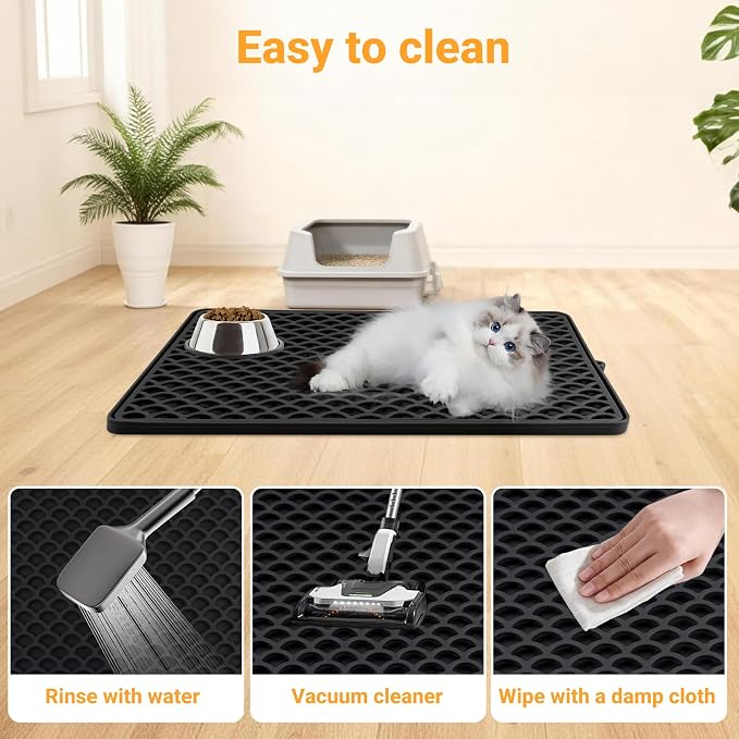 Double-Layer Silicone Cat Litter Mat – Non-Slip, Waterproof & Easy-to-Clean | Also Great as a Dish Drying or Pet Feeding Mat (18x12.5,Black）