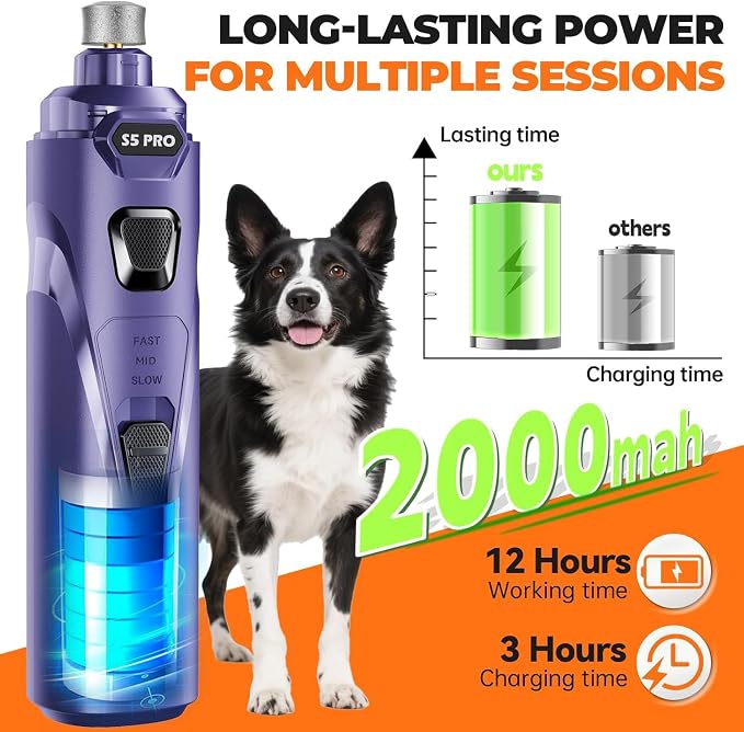 Whisper Quiet Dog Nail Grinder Safe & Stress-Free for Sensitive Dogs Cats | 4 LED Lights,3 Grinding Bits, 3-Speed, Pet Nail Trimmers, Rechargeable Painless Grooming Kit for All Breeds & Sizes