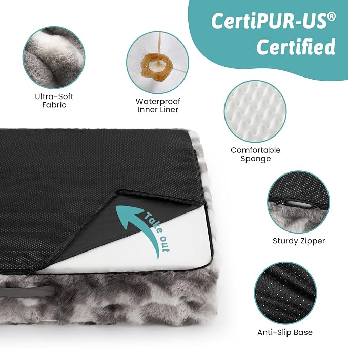 COZY KISS Orthopedic Dog Bed for Large Medium Size Dog, Soft and Warm Faux Fur Sofa for Pet Up to 75 lbs, Foam Bolster Anti-Slip Couch with Washable Removable Cover, L 36x27x6.5 inch, Tie Dye Grey