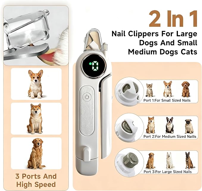 2-in-1 Dogs Cats Nail Electric Clipper & Grinder Quiet, Pet Nail Trimmers | Electric Nail Clippers with Light for Large Medium Small Dog & Cat, 3 Speed Grinder Nail Clipping Safety Guard Rechargeable