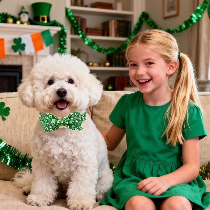 DOGWONG St. Patrick's Day Dog Collar with Bow Tie- Lucky Shamrock Bowtie Collar for Girl Boy Dog, Trefoil Dogs Collars Durable Adjustable, L