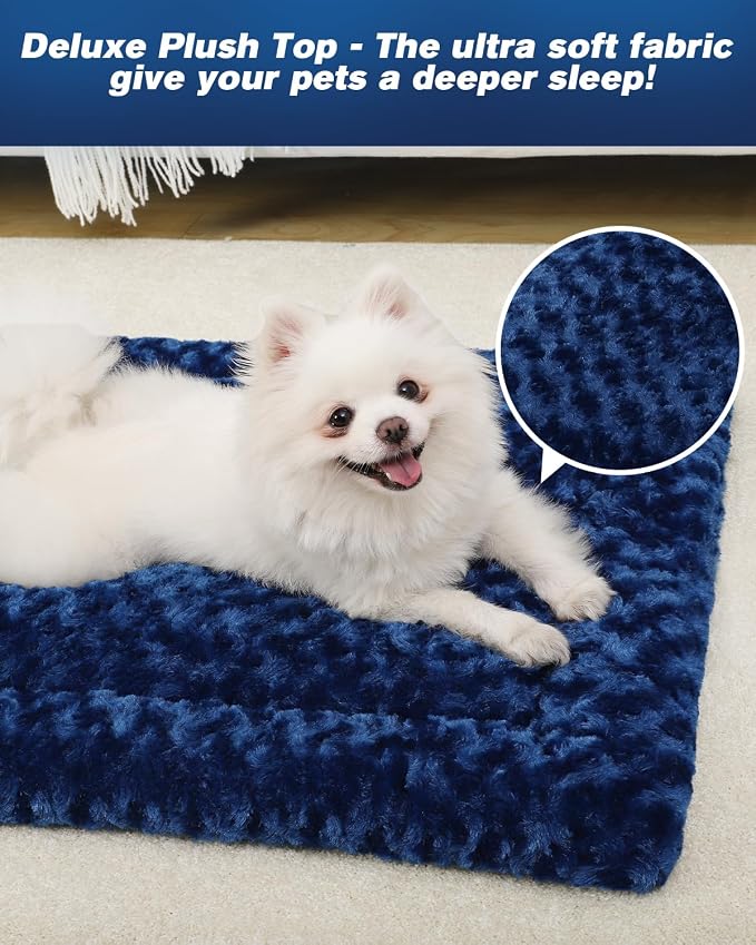 Exsnugy Washable Dog Bed Mat Large Size Fluffy Pet Crate Pad 42x28 XL | Non-Slip Bottom Kennel Beds Ultra Soft Comfy Sleeping Mattress for Large Medium Small Dogs Blue