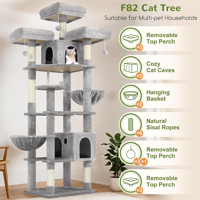 Globlazer Cat Tree Tower for Multiple Adult Cats, 82in, F82, Light Grey | XXL Tall Cat Tree Tower for Indoor Cats with Scratching Post, 3 Perches, 2 Condos, 2 Hanging Baskets