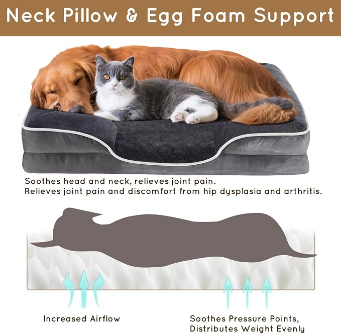 FluffyDream 42 inch Memory Egg-Crate Foam Dog Bed, Orthopedic Pet Couch Bed with Washable Removable Cover, Grey