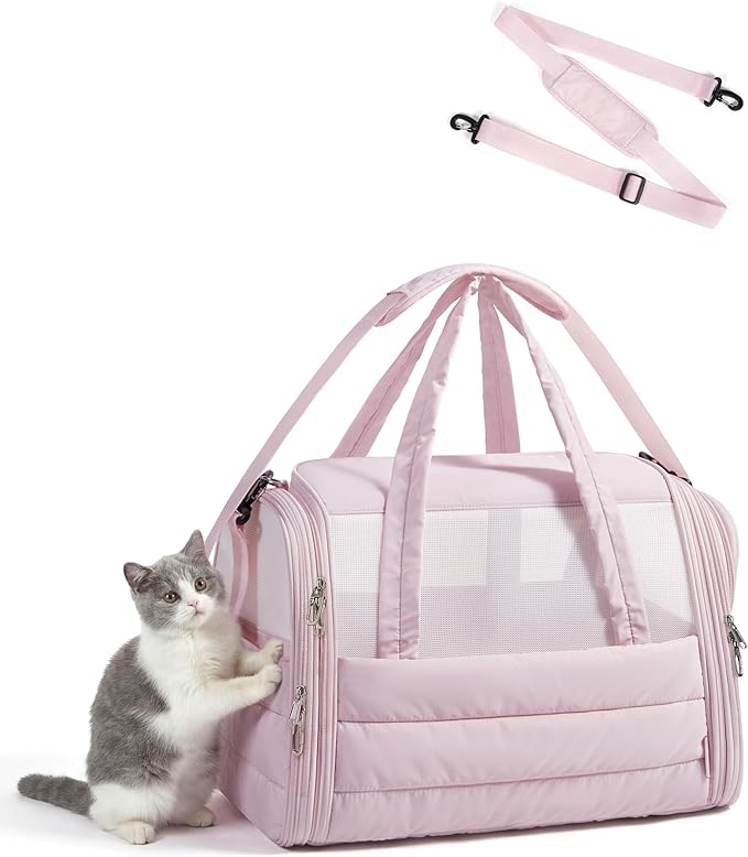 BAGSMART Cat Carrier: Soft-Sided Pet Carrier for Small Medium Cats Dogs Puppy Quilted Collapsible Puffy Travel Bag Up to 25 Lbs Pink