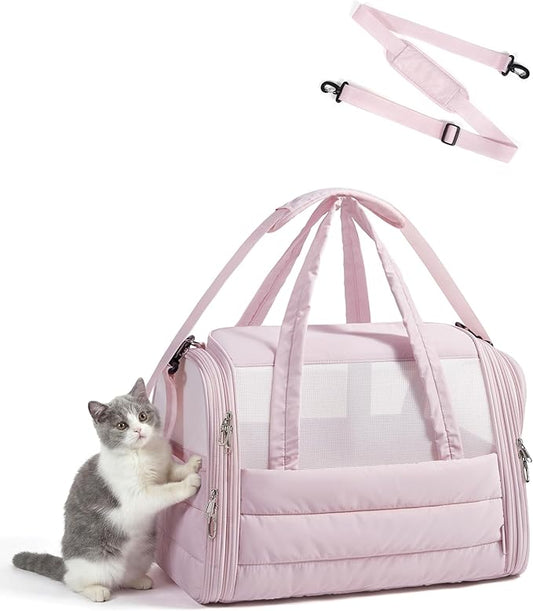 BAGSMART Cat Carrier: Soft-Sided Pet Carrier for Small Medium Cats Dogs Puppy Quilted Collapsible Puffy Travel Bag Up to 25 Lbs Pink