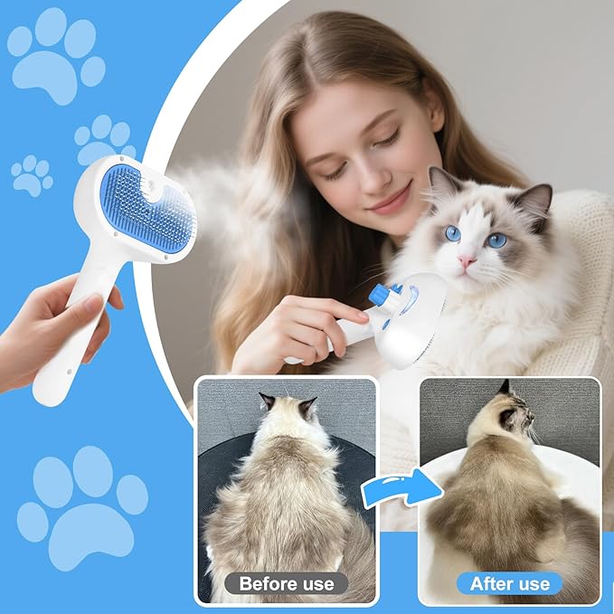 Pet Steam Brush for Dog & Cat - 3-in-1 Steam Grooming Brush for Shedding & Hair Removal - Self Cleaning Spray Comb with Mist for Long Haired Pets - Includes 2*Waterless Shampoo, Blue.