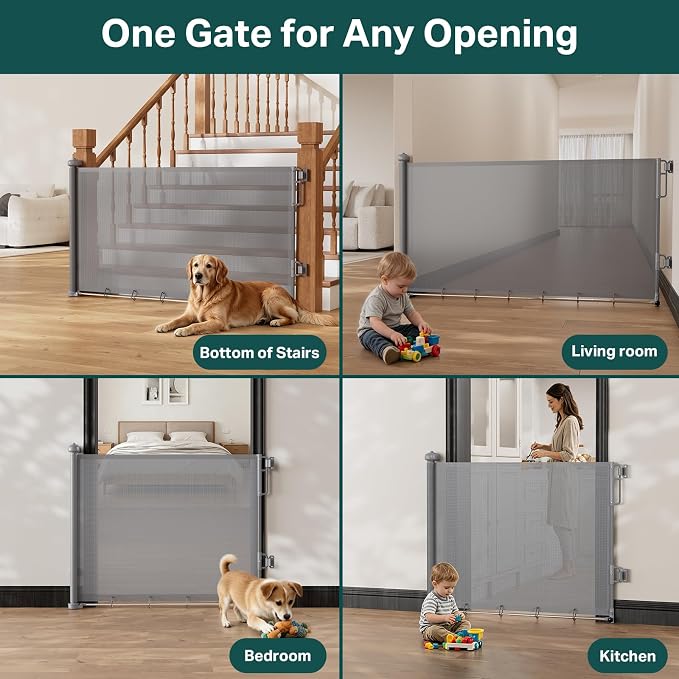 Cumbor 37-55" Retractable Baby Gates for Stairs & Doorways, Hardware Mounted Mesh Dog & Pet Gate, Easy Walk Through, One-Hand Operation, Anti-Crawl Adjustable Safety Gate for Dog, Indoor Outdoor Grey