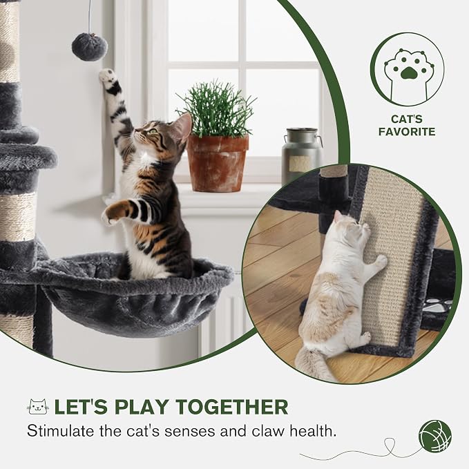 68 Inches Multi-Level Large Cat Tree for Large Kitties/Big Cat Tower with Condo/Cozy Plush Perches/Sisal Scratching Posts and Hammocks/ ‌Feline Activity Center Play House/Smoky Grey