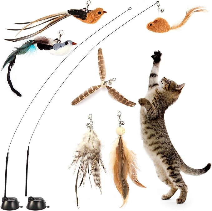 Interactive Bird Simulation Cat Toy Set, Cat Wand Toys, Self-Holding Suction Cups Base, Includes 6 Detachable Replacement Feather Toys