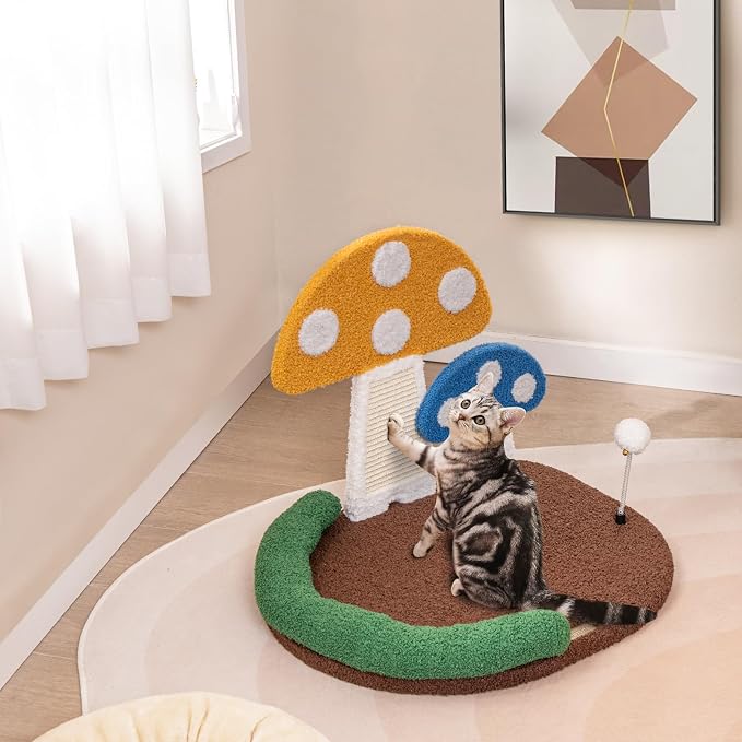 PETSITE Mushroom Cat Tree for Indoor Cats, Modern Small Cute Cat Tree with Natural Sisal Scratching Board, and Teasing Spring Ball (17 Inches Tall)