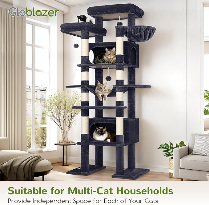 Globlazer Giant Tall Heavy Duty Cat Tower for Indoor Large Cats, F83B | XXL Multi-Level Large Cat Condo with 8 Scratching Posts, Hammock, 2 Cat Caves, 2 Platform, Dark Grey