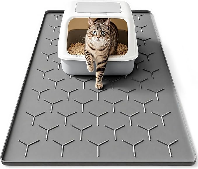 Bulkniu Silicone Cat Litter Mat, 24"x16", Raised Edge Waterproof, Dark Grey | Litter Trapping & Recycling, Easy to Clean, Non-Slip, Durable Safe & Odorless, Paw Friendly