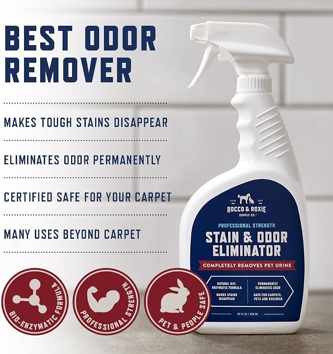 Rocco & Roxie Enzyme Stain & Odor Eliminator, 32 Fl Oz | Bio-enzymatic urine destroyer; CRI Certified Safe; made in USA; for carpets, bedding, litter boxes, crates & cars