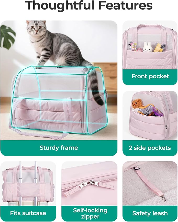 BAGSMART Cat Carrier: Soft-Sided Pet Carrier for Small Medium Cats Dogs Puppy Quilted Collapsible Puffy Travel Bag Up to 20 Lbs Grey