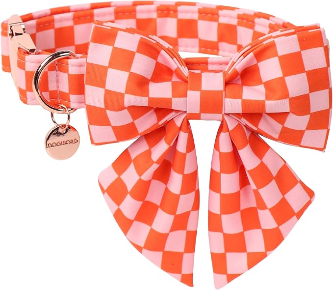 DOGWONG Orange Pink Plaid Dog Collar with Bow - Adjustable and Comfortable Autumn Dog Collar Fall Necklace for Large Medium Small Pet,S