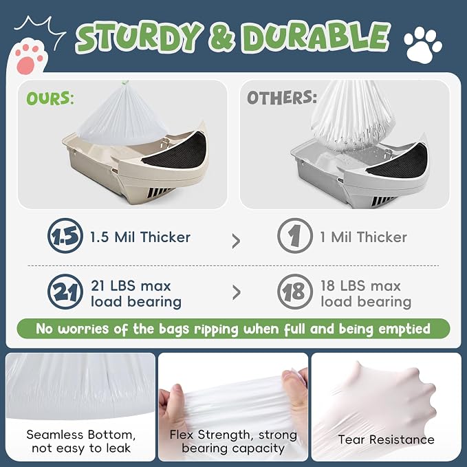 60 Pack Litter Box Robot 3 4 and 5 Waste Bags,1.5 Mils Thick Drawstrings Self Cleaning Cat Litter Box Robot Waste Liner Bags Replacement,Compatible with Automatic Self-Cleaning Robot
