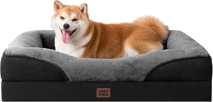 EHEYCIGA Orthopedic Dog Bed for Large Sized Dog, 36x27 Inch Large Memory Foam Dog Couch Bed with Sides, Waterproof Liner & Washable Removable Cover, Bolster Pet Sofa, Grey/Black