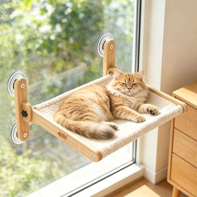 LuLu's World Foldable Large Cat Window Perch,Wooden Frame 23.7"×14.4" Beige | Soft berber fleece cover,washable fabric,strong suction cups,no drilling,space saving,easy to disassemble,breathable and warm