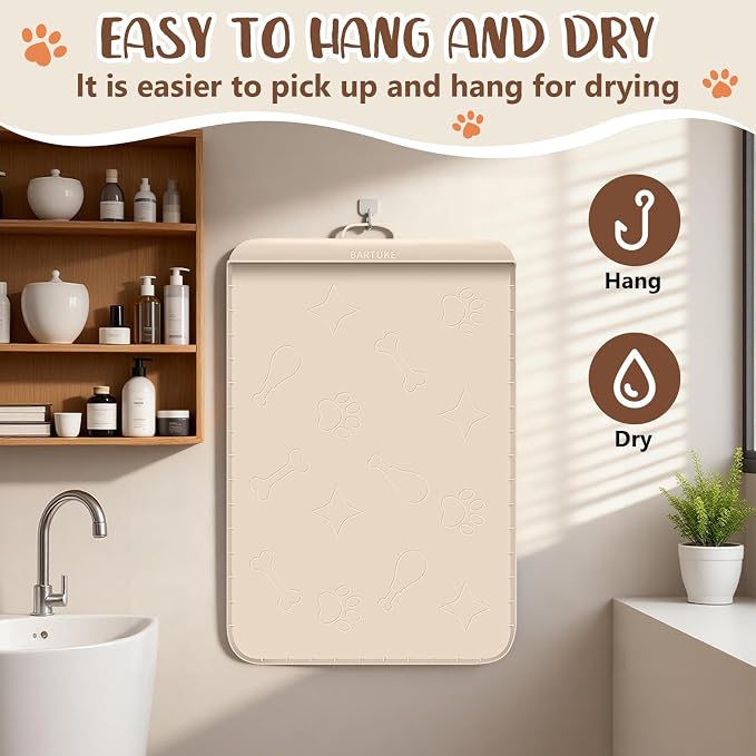 Cat Litter Mat for Litter Box 42" x 28", Large Silicone Mat, Beige | Waterproof Litter Trapping Mat with Residue Collection Pocket, Raised Edge, Non-Slip Pet Placemat for Floors