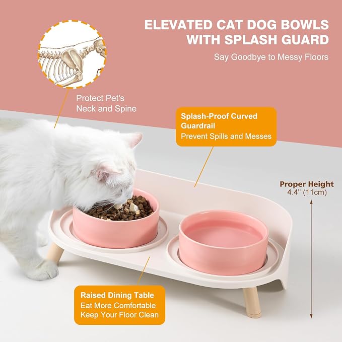 Raised Cat Food and Water Bowl Set - Elevated Ceramic Dishes with Non-Slip Stand and Splash Guard for Small Dogs - 2 x 320 ML (4.9 OZ) - Pink