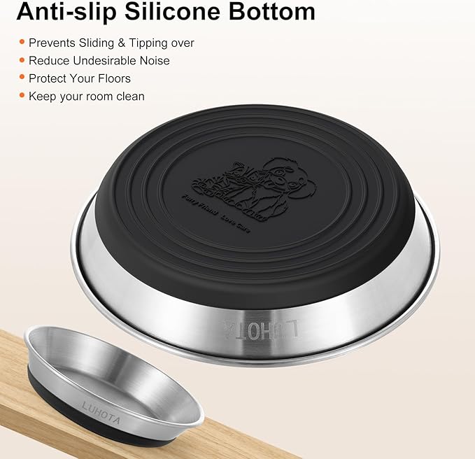 2 Pcs Stainless Steel Cat Bowls, Shallow Wide Food Water Bowls with Non-Slip Silicone Base, Dishwasher Safe for Cats Kittens Small Dogs Indoor Outdoor Use