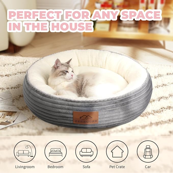 Zerbuger 20in Washable Cat Beds for Indoor Cats - Round Donut Pet Bed for Cats, Small Dogs, Puppy, Kitten - Anti-Slip Bottom, Calming Bed Gift - Ideal for Every Home Space - Light Grey