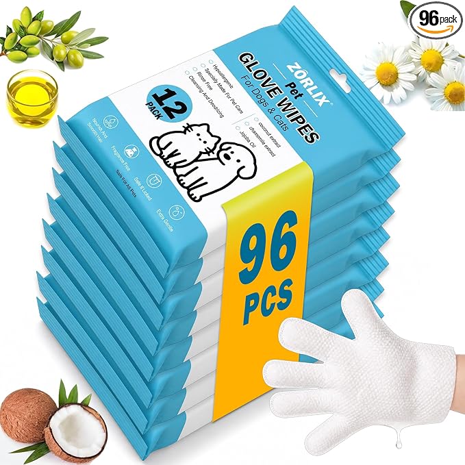 96Pcs Bulk Hypoallergenic Pet Glove Wipes for Dogs & Cats | Thick Grooming Gloves to Deodorize & Hydrate for Paws, Face, Ears & Butt, Family Daily Care & Travel