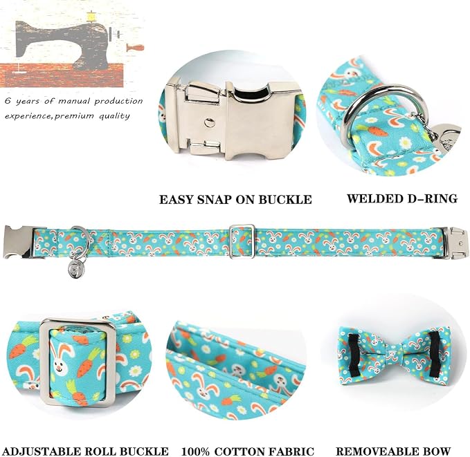 DOGWONG Easter Dog Collar Rabbit Dog Collar with Bow Adjustable Bowtie Blue Bunny Dog Collars for Small Medium Large Dogs