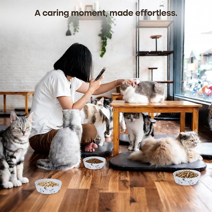 Bulk Disposable Cat Bowls Set (600 Pcs Cat Food Bowl Liners + 4 Pcs Stainless Steel Pet Bowls) Small Paper Bowls for Puppy Kitten Small Dogs and Cats, Ideal for Dry & Wet Food (White, Cat Face Print)