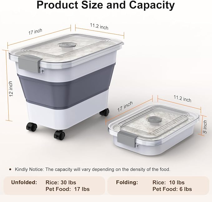 Rice Storage Container, Collapsible Airtight Food Storage Containers 20-30lbs with Clear Lid and Wheels, Rice Dispenser with Scoop for Flour Cereal Pasta Grain, Cat Pet Bird Dog Food Storage Container