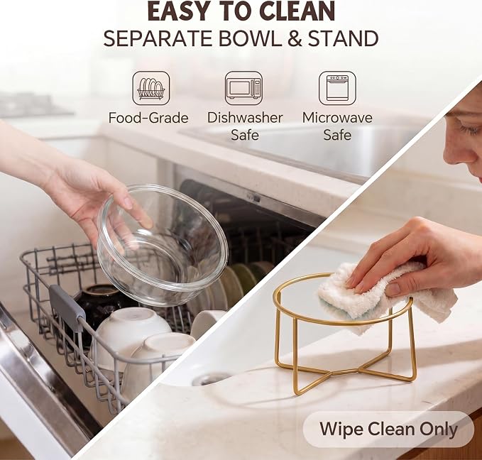 Large Glass Tilted Elevated Cat Dog Bowl Raised Cat Food Water Bowl Dish Pet Comfort Feeding Bowls with Gold Iron Stand