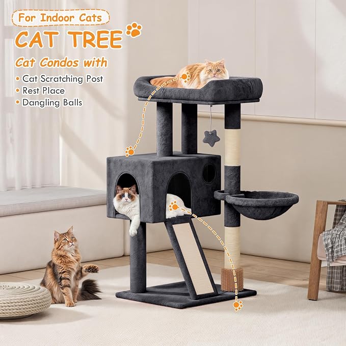 36-Inch Cat Tree Tower for Small and Medium Indoor Cats, Multi-Level Climbing Tower with Sisal Scratching Posts, Hammock, Cat Condo & Scratching Board, Smoky Gray
