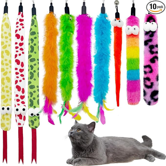 Cat Wand Replacement Feather Worm Snake, 10 Pieces Cat Wand Attachments Assorted Snakes Worms Feathers Refill Toy for Indoor Cats (B)