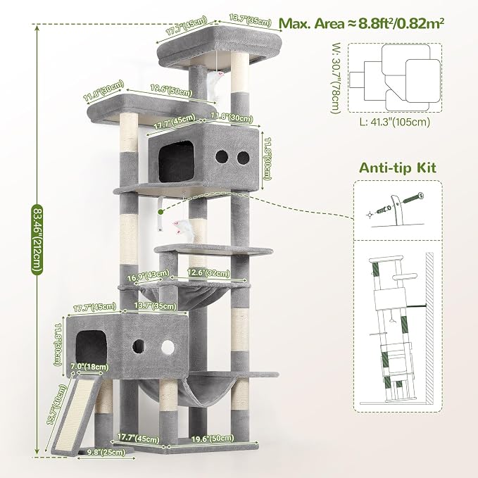 Globlazer 83inch Sturdy Multi-Level Tall Cat Tower, S83G, Light Grey | Extra Large Heavy Duty Cat Tree for Indoor Large Adult Cats Kittens with 2 Cat Condo, 8 Scratching Post, 2 Hammock