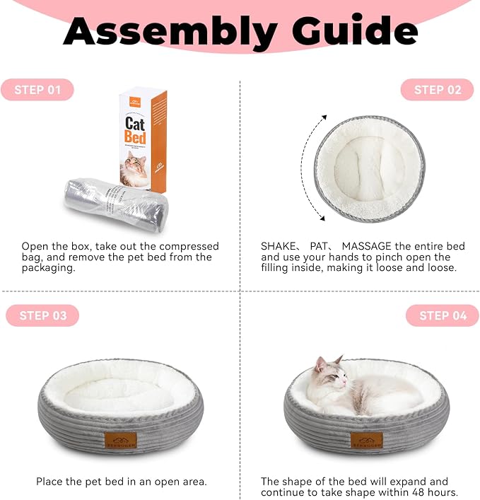 Zerbuger 20in Washable Cat Beds for Indoor Cats - Round Donut Pet Bed for Cats, Small Dogs, Puppy, Kitten - Anti-Slip Bottom, Calming Bed Gift - Ideal for Every Home Space - Light Grey