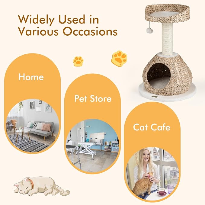 28-inch Modern Cat Tree, Small Cute Cat Tower Sisal Scratching Post, Hand-Made Wicker Condo and Top Perch, Interative Dangling Ball, Ideal for Indoor Cats