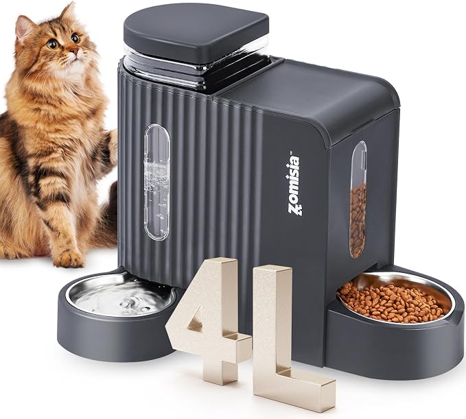 ZOMISIA Gravity Cat Food and Water Dispenser Set with 304 Stainless Steel Bowls, 2 in 1 Automatic Cat Feeder with 180 Degree Rotatable Water Bowl, Large Capacity for Puppy Kitten Rabbits, Grey