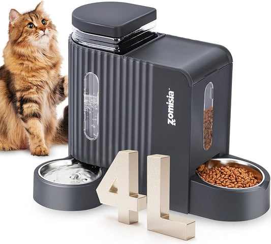 ZOMISIA Gravity Cat Food and Water Dispenser Set with 304 Stainless Steel Bowls, 2 in 1 Automatic Cat Feeder with 180 Degree Rotatable Water Bowl, Large Capacity for Puppy Kitten Rabbits, Grey