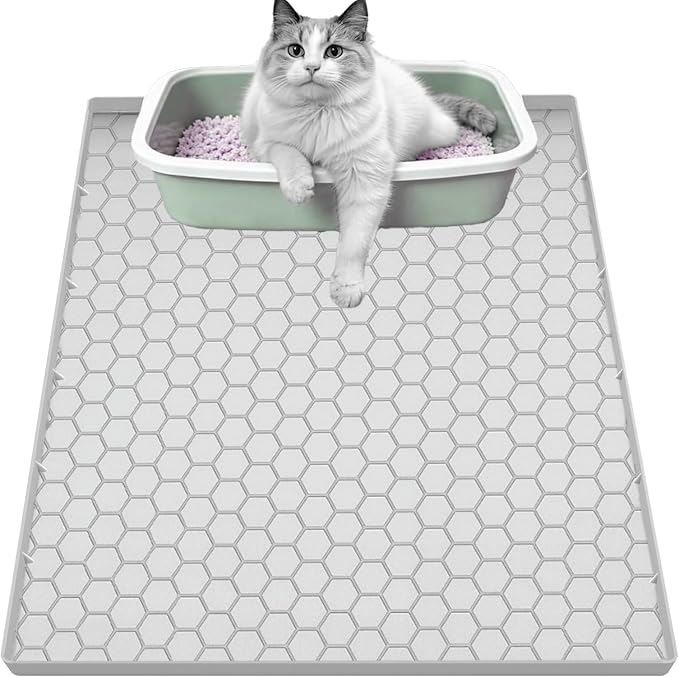Cat Litter Mat, Silicone Large Cat Mat for Litter Box - 34x22 in, Waterproof & Non-Slip, Durable & Easy Clean, Light Grey
