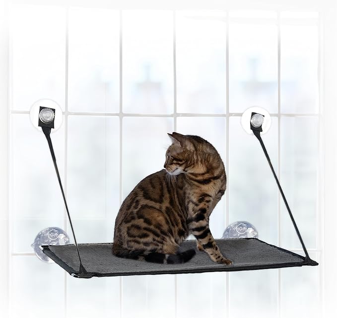 K&H Cat Window Perch, EZ Mount Kitty Sill - Fits 27in Wx23in H Glass Spaces | Sturdy Cat Window Hammock Bed, Steel Frame, Sturdy Suction Cups, Washable Shelf Cover, Foldable, 23x12in, Gray
