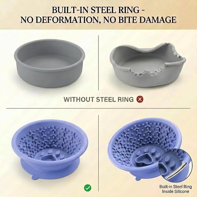 Dog Slow Feeder to Prevent Fast Eating, Dog Lick Bowl with Non-Slip Suction Base, Chew-Resistant Steel Rim & BPA-Free Silicone, Helps Extend Mealtime & Keep Dogs Calm(Purple)
